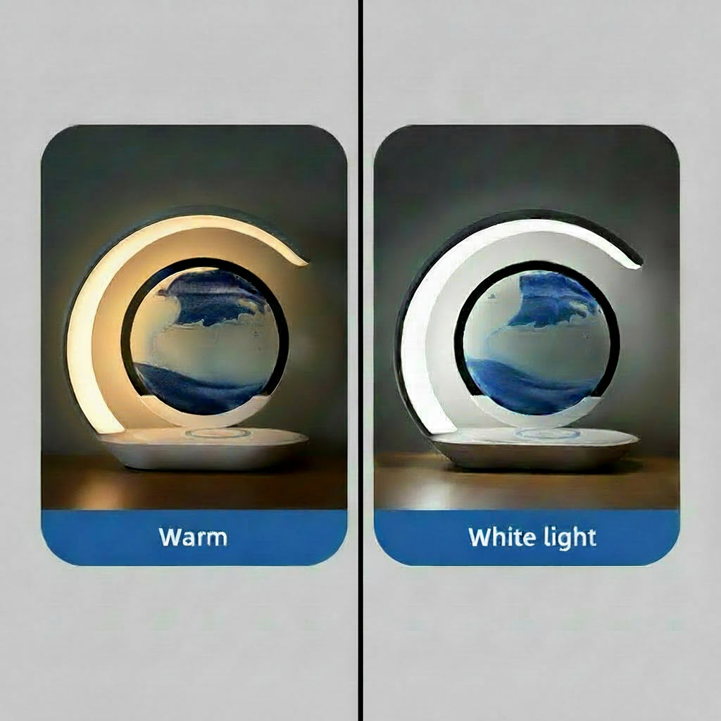Quicksand Table Lamp USB Wireless Charging Desk Lamp 3D Hourglass Ornaments Sand Painting Night Light for Office Room Decoration